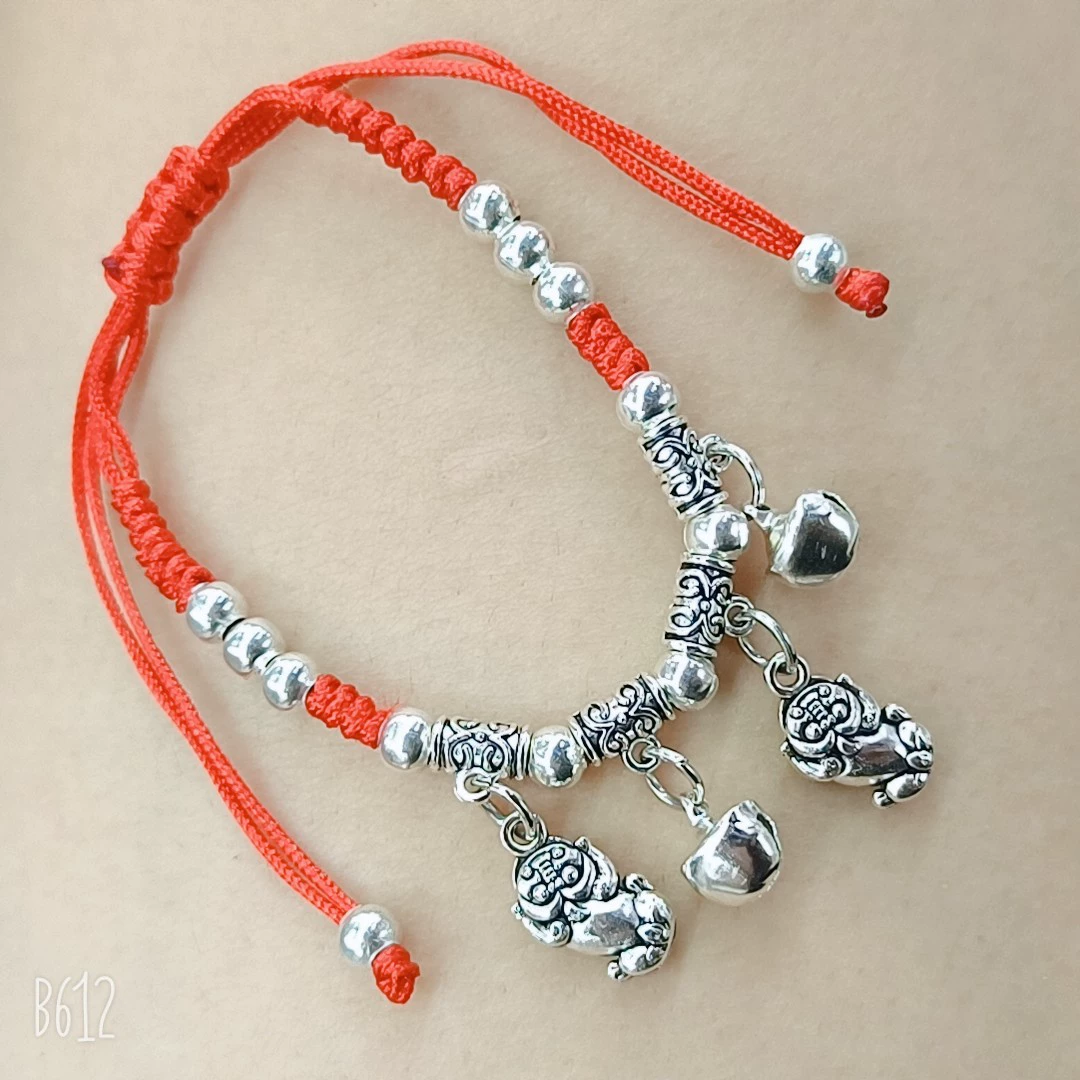 Woven Red Rope Bracelet, Miao/Tibetan Silver Alloy Charms, Ankle & Wrist, Multiple Styles