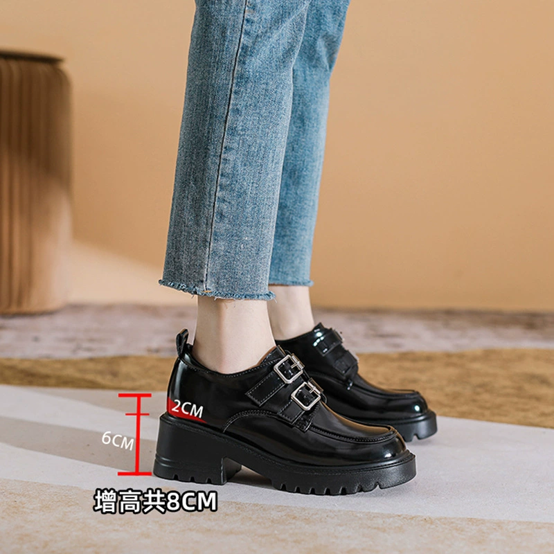 Туфли из натуральной кожи, женские лоферы на платформе 8 см с высокой посадкой, женские однослойные туфли с металлической двойной пряжкой, яркие в британском стиле