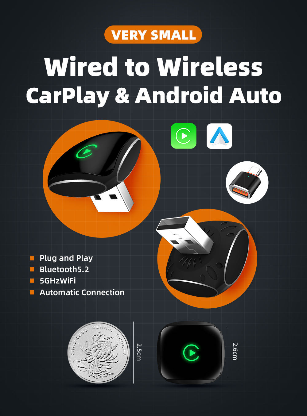 Cross-border best-selling mini portable wireless CarPlay adapter, compatible with Apple/Android devices, a 2-in-1 in-car connectivity box