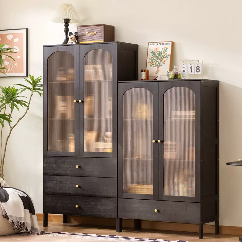 黑色中古玻璃餐边柜酒柜展示置物靠墙家用客厅窄立柜电视柜旁书柜