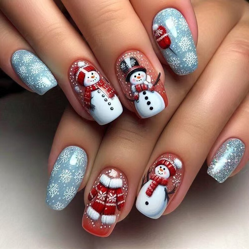 Christmas Wear Nails Medium European Square Blue Snowflake Snowman Removable Fake Nails Manicure Patch Nails