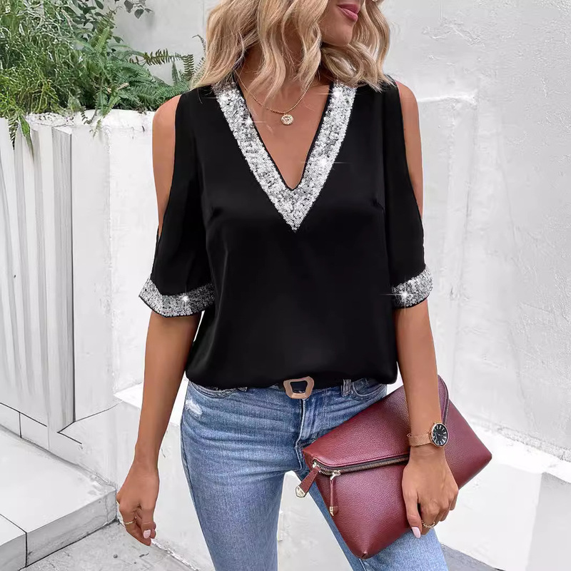 2024 Europe and the United States cross-border spring, summer and autumn contrast color sequins stitching cold shoulder slit sleeve v collar casual shirt top women