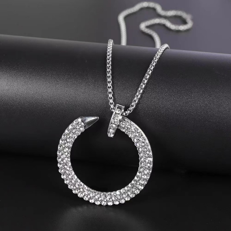 Trendy neue diamantbesetzte Nagelkette für Damen Instagram Modeanhänger vielseitig einsetzbar Herbst und Winter langer Pullover_voghion.com