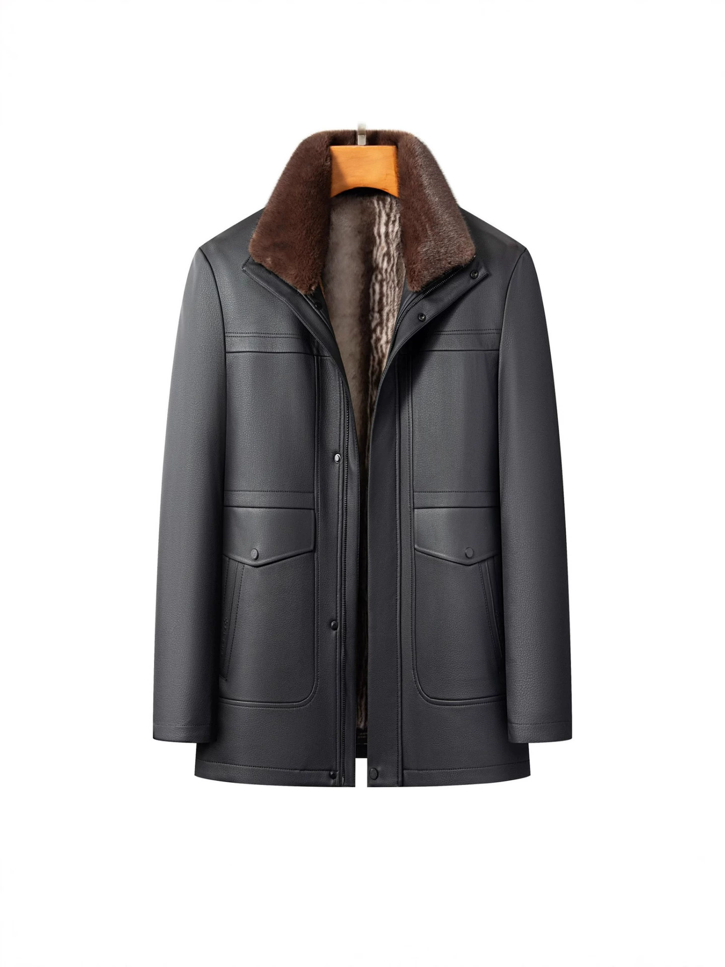 Winter warm long jacket, genuine leather, for middle-aged man, mid-length