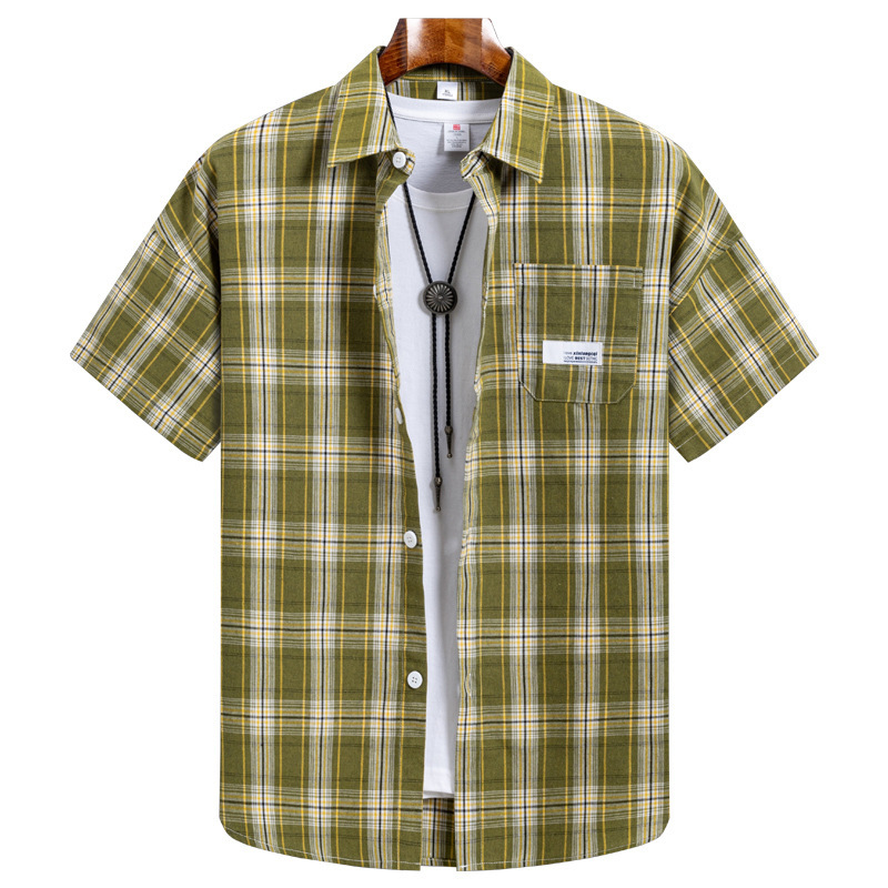 Japanese Style Retro Artistic Youth Plaid Short-sleeved Shirt Men's and Women's Loose Cotton Half-sleeved Tooling Shirt Trendy Japanese Style Retro Artistic Youth Plaid Short-sleeved Shirt Men's and Women's Loose Cotton Half-sleeved Tooling Shirt Trendy