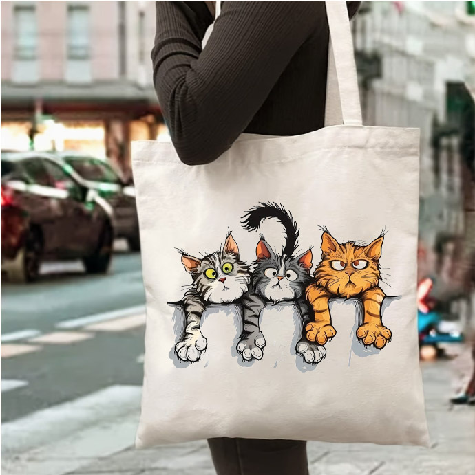 Cute gato impresa bolsa de lona para mujeres de gran capacidad estudiantes bolsa de hombro bolsa de lona al por mayor