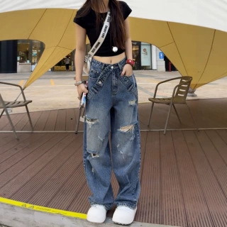 大码破洞阔腿牛仔裤女2026新款复古胖mm显瘦宽松美式直筒弯刀裤子