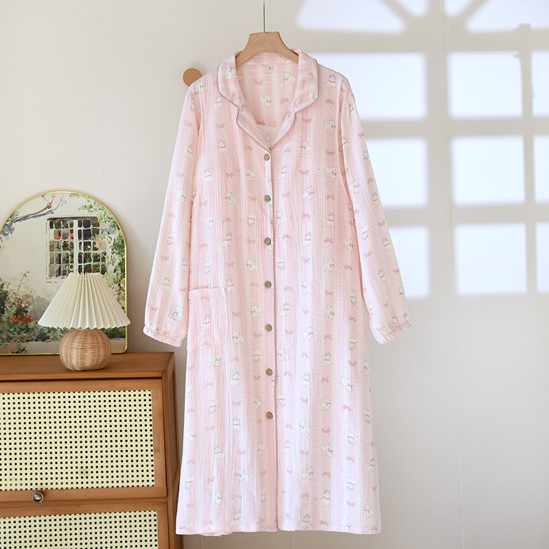 가슴 패드/고정 컵 순면 크레이프 라펠 핑크 고양이 긴팔 수유 스커트