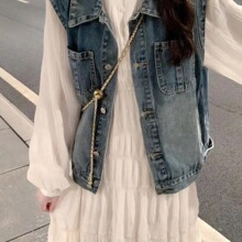 小个子牛仔马甲搭配连衣裙白色长袖绝美小裙子两件套春裙子女夏季