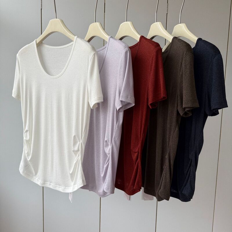 Austrian Lenzing Tencel + Linen Side Waist Pleats! Goose Egg Collar, Lightweight and Elegant, Slimming Short-Sleeve T-Shirt for Women, Summer Austrian Lenzing Tencel + Linen Side Waist Pleats! Goose Egg Collar, Lightweight and Elegant, Slimming Short-Sleeve T-Shirt for Women, Summer