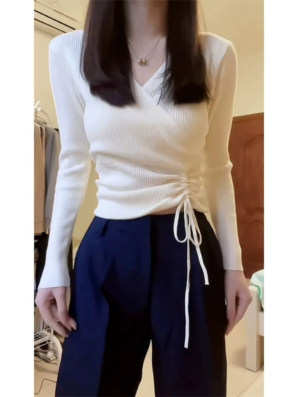 秋冬修身短款v领长袖针织衫毛衣女内搭洋气别致漂亮的打底衫上衣|undefined