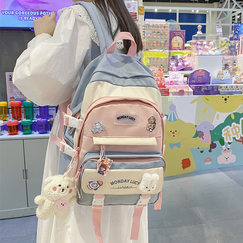 少女撞色書包女ins韓版高中初中小學生森系百搭背包大容量雙肩包