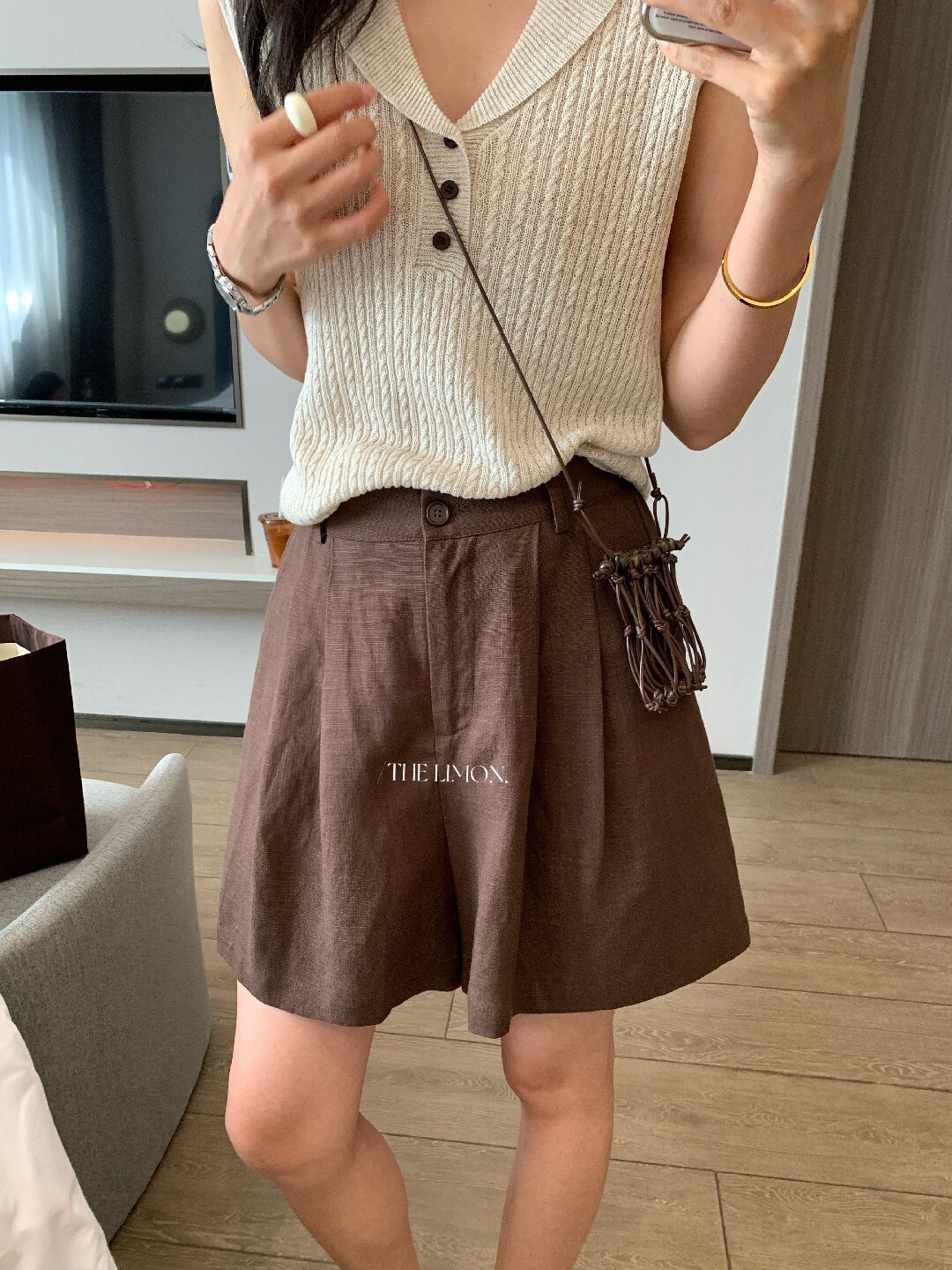 Quần short nữ cạp cao chất liệu tencel linen phối sợi, dáng suông rộng, tôn dáng, phong cách old money — màu sắc, Màu cà phê, màu trắng, Xanh da trờicolor chi tiết 35