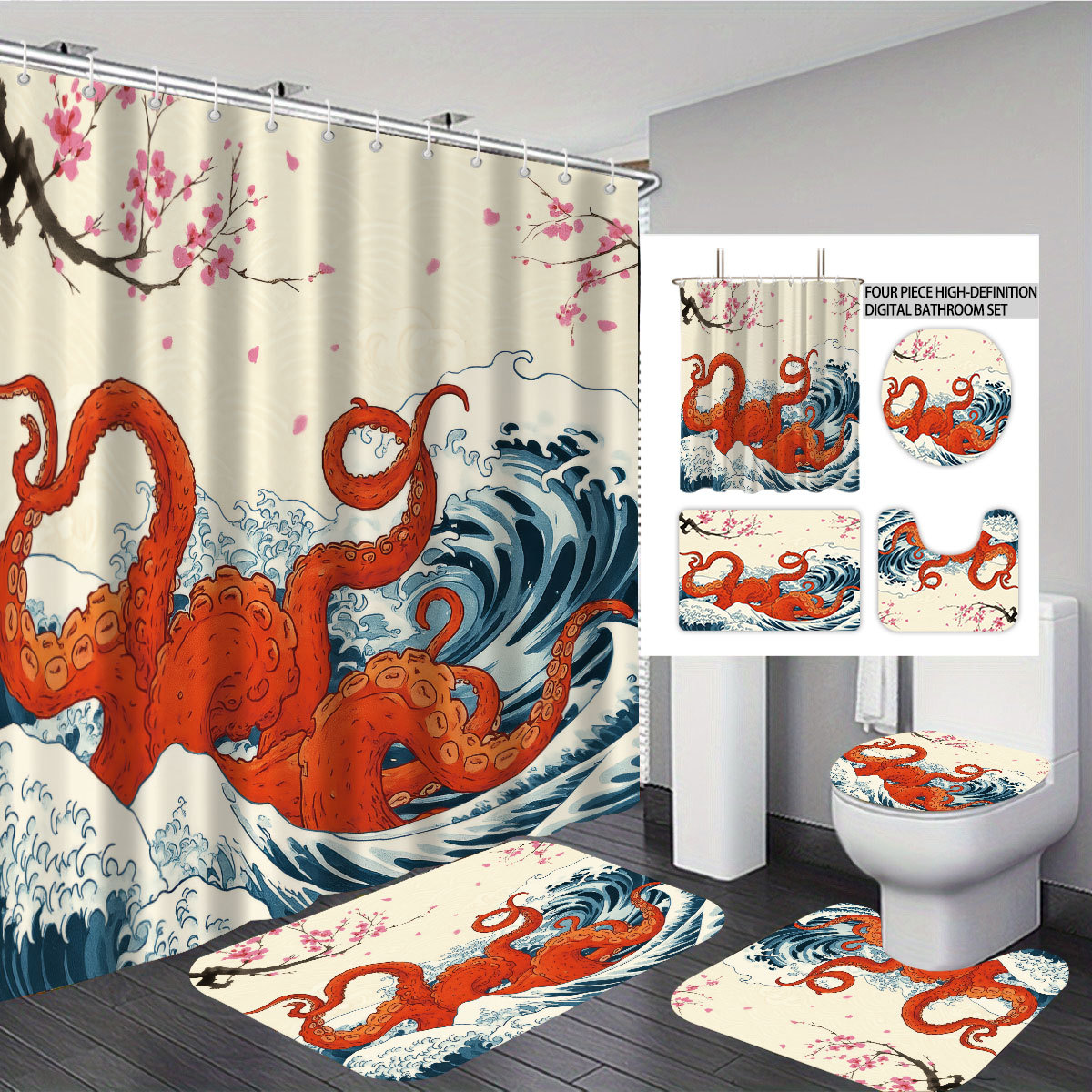 Temu cortina de baño impermeable personalizada serie de elementos marinos 3D impresión poliéster cortina de baño de cuatro piezas fábrica image 20
