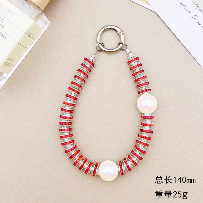 다이아몬드와 진주가 박힌 휴대폰 체인(레드)