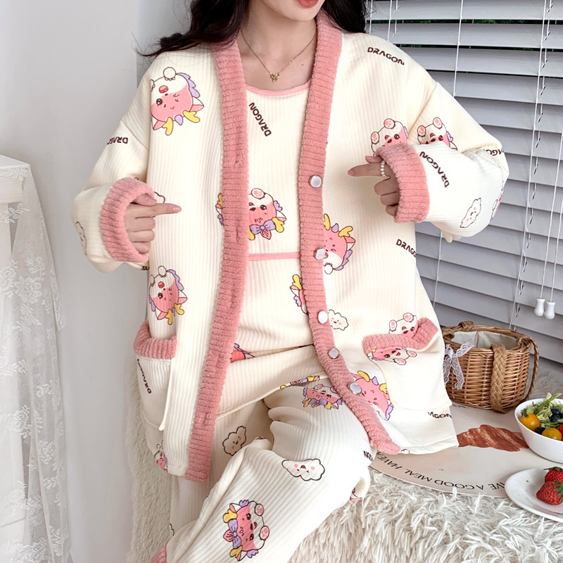 抗起球空气棉三件套孕妇睡衣秋冬季月子服春秋季产后产妇哺乳喂奶