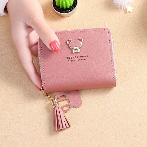  Japanese and Korean version tassel small wallet women's short cute bear zipper student coin purse mini small bag card holder