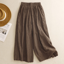 实拍2025夏季新款棕色刺绣波浪边阔腿裤纯色花边松紧腰七分裤女裤