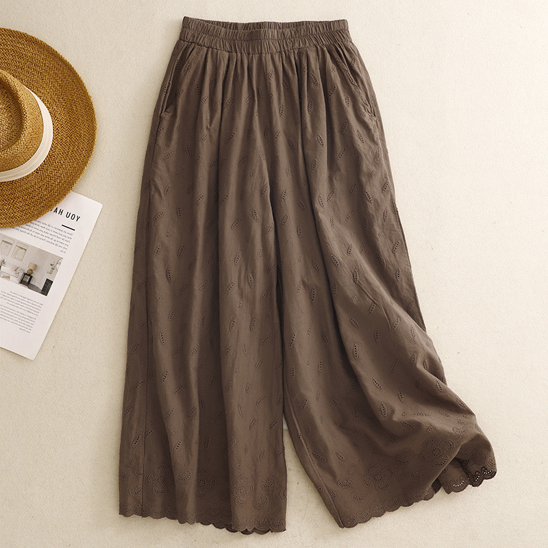 Real shot 2025 summer new arrival brown embroidered wavy wide leg pants solid color lace elastic waist cropped pants women's pants