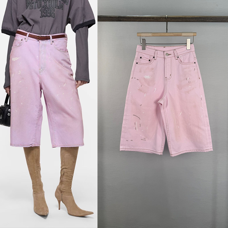 Ac Pink High-Waisted Loose-Fitting Versatile Cropped Jeans for Women, Distressed Splatter Paint Dirty Look Pants, European and American Style, Summer 2026 Model Ac Pink High-Waisted Loose-Fitting Versatile Cropped Jeans for Women, Distressed Splatter Paint Dirty Look Pants, European and American Style, Summer 2026 Model