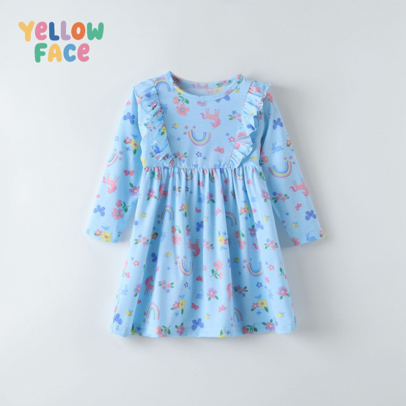New Style Unicorn Long-Sleeved Dress for Girls Aged 3-8 Years Old, Stylish Round Neck Long-Sleeved Spring and Autumn Princess Dress