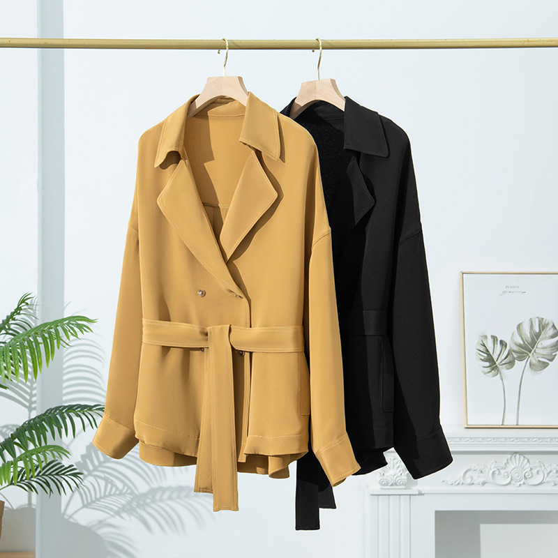 New Heavy Silk Coat Mulberry Silk Trench Coat plus size Long Sleeve Autumn Commuter Wear Women's Retro Small