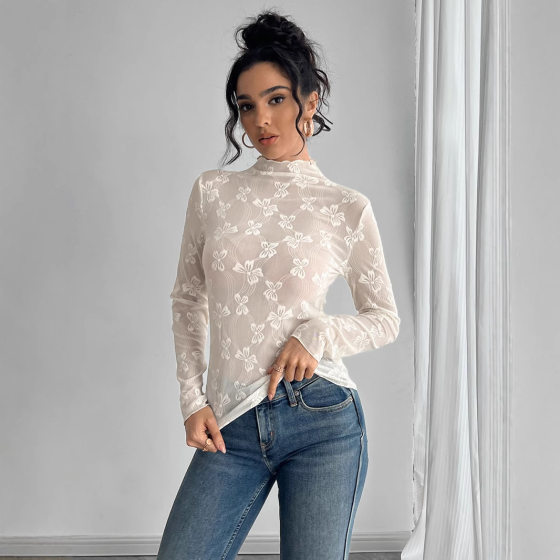 Europe and the United States cross border 2025 spring new ladies butterfly jacquard mesh close-fitting small stand collar long sleeve T-shirt top