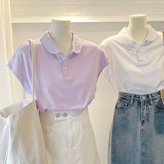 Loose Pure Cotton Short-sleeved Doll Collar Polo Shirt Flying Sleeve Age-reducing All-match Solid Color T-shirt Top T-shirt Women's Summer