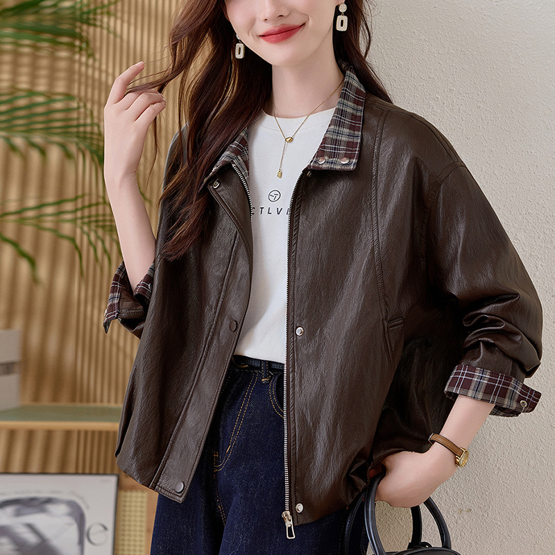 2025 Early Autumn New American Retro Lapel Stitching Pu Leather Jacket Women's Distressed Loose Versatile Motorcycle Jacket