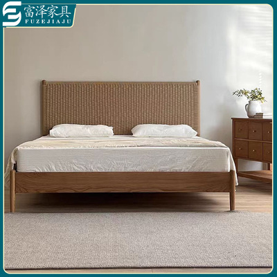 侘寂风现代简约复古民宿酒店家用卧室实木牛皮纸绳编织床藤编床|ru