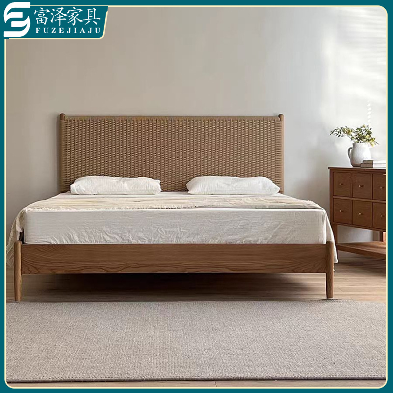 侘寂风现代简约复古民宿酒店家用卧室实木牛皮纸绳编织床藤编床|ru