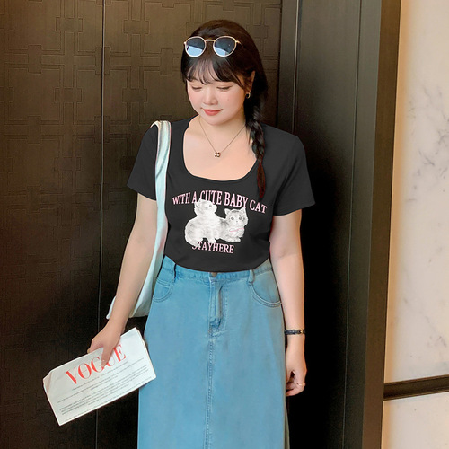 Eno Plus Size Women's Pure Desire Cat Print T-Shirt Summer U-Neck Slimming Top 250346