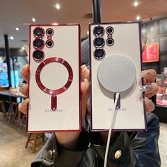 Samsung S25Ultra 電気メッキ透明携帯電話ケース Magsafes 磁気 S24 レンズフィルム A17 ソフトケースに適しています。