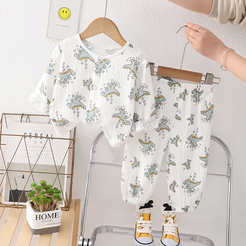 Boys' Double Layer Cotton Gauze Sleepwear Baby Summer Air Conditioning Suit Girls' Home Wear Baby Long Sleeve Lantern Pants Set 