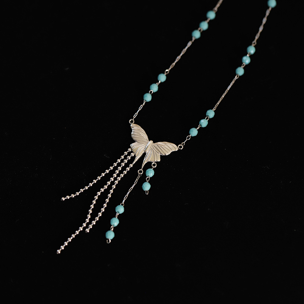 Blue Bead Butterfly Fringe Stainless Steel Necklace