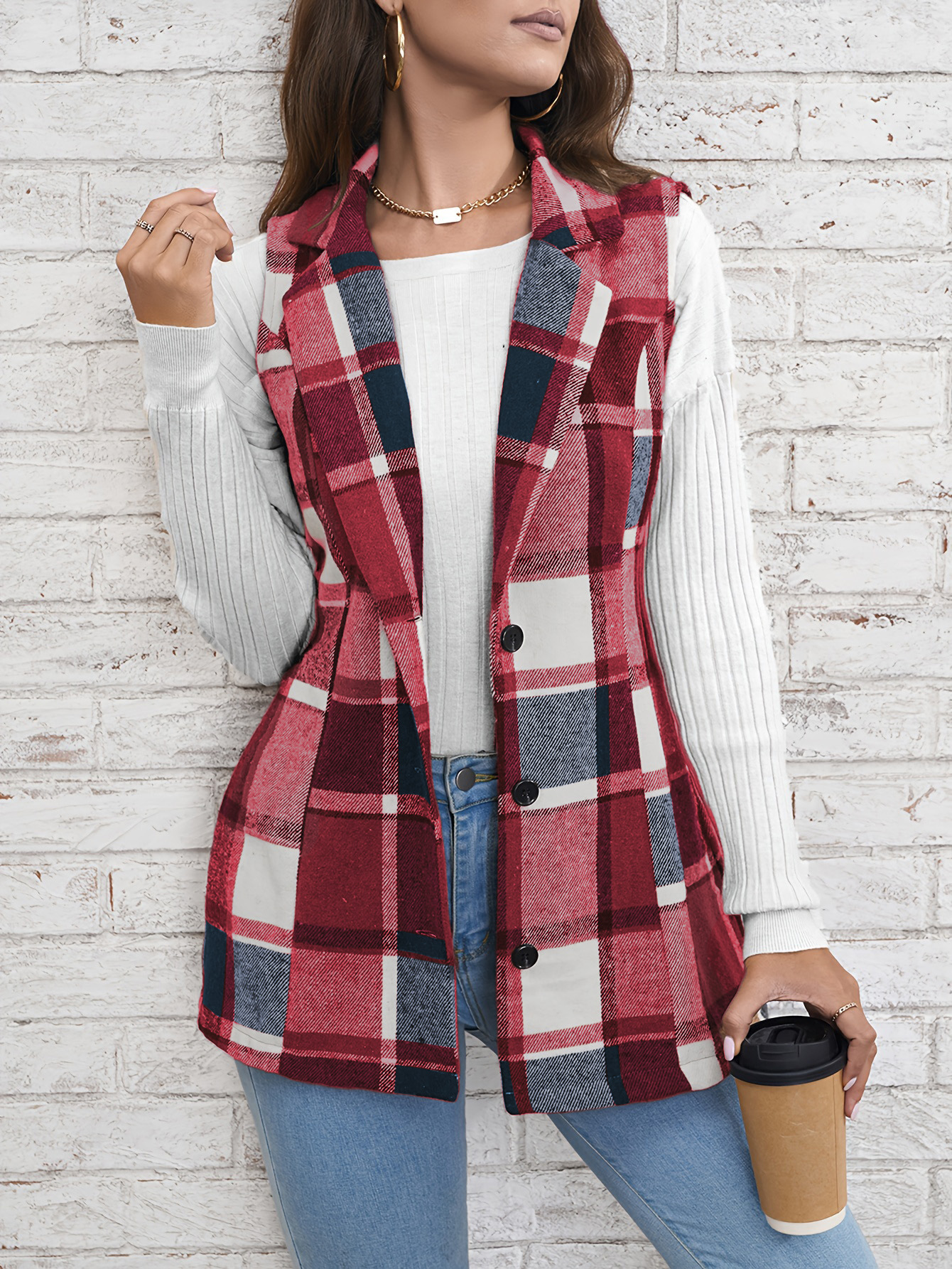 Fashion women‘s lapel suit vest plaid jacket