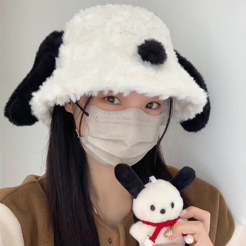 可爱小狗毛绒渔夫帽女秋冬天白色毛毛显脸小保暖护耳盆帽学生百搭|undefined