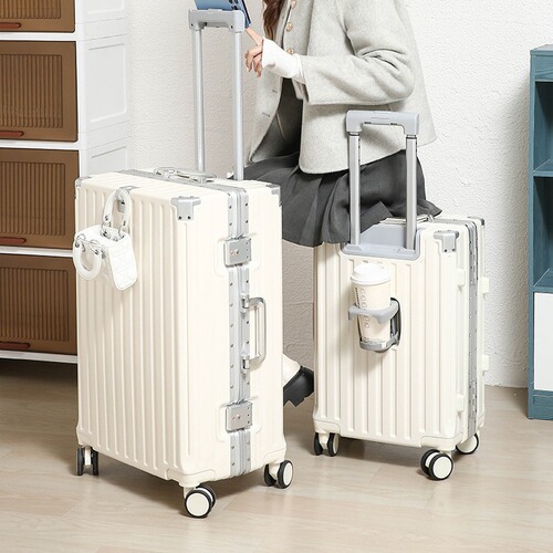 Multifunctional Luggage Cup Holder Model Aluminum Frame Pull-along Suitcase Trendy Phone Stand Travel Case Password Men Women Password Leather Suitcase