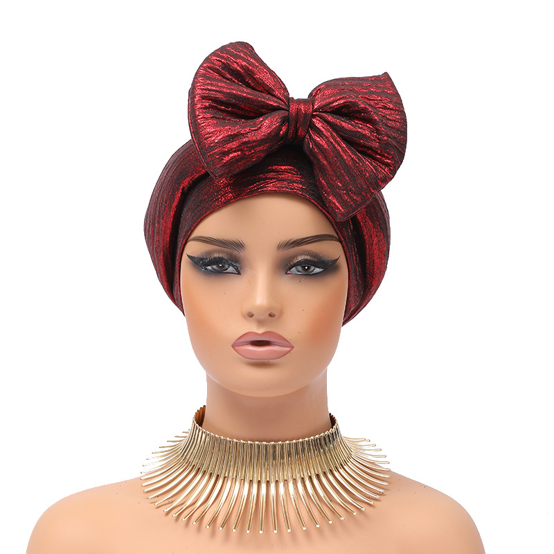 Muslim hat Fashion hot gold forehead big bow African bun hat stretch comfortable headscarf hat_viptrois.com