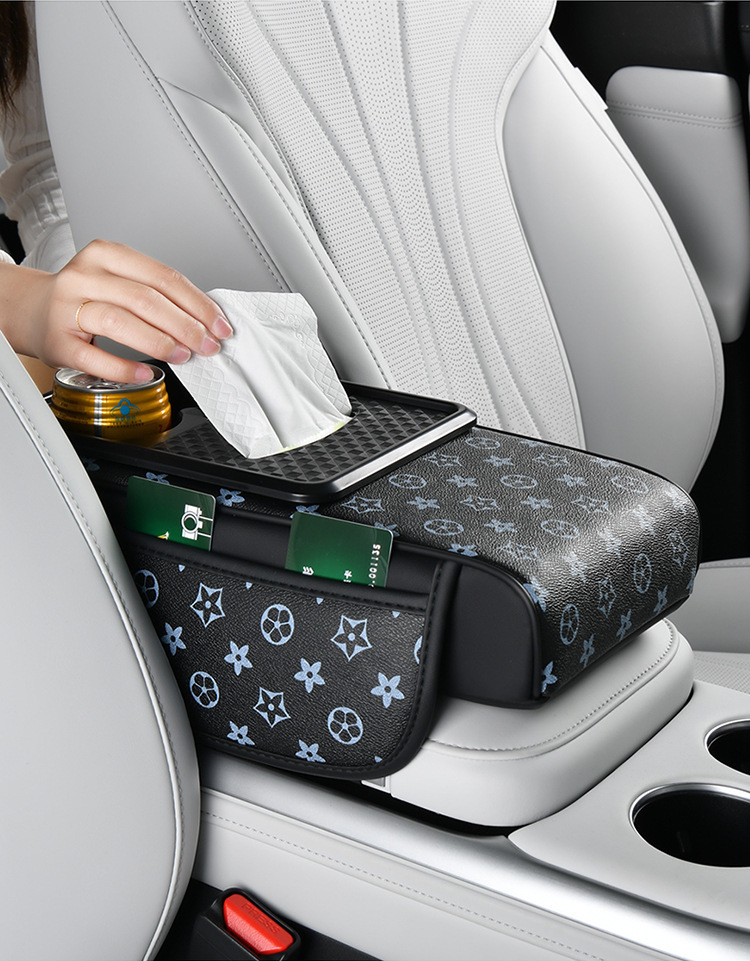 Car Armrest Box Heightening Pad Car Tissue Box Phone Holder Black Print