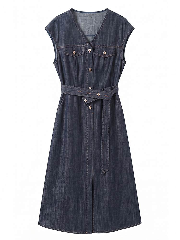 Váy denim nữ cổ ve sành điệu dáng suông midi — xanh đậm