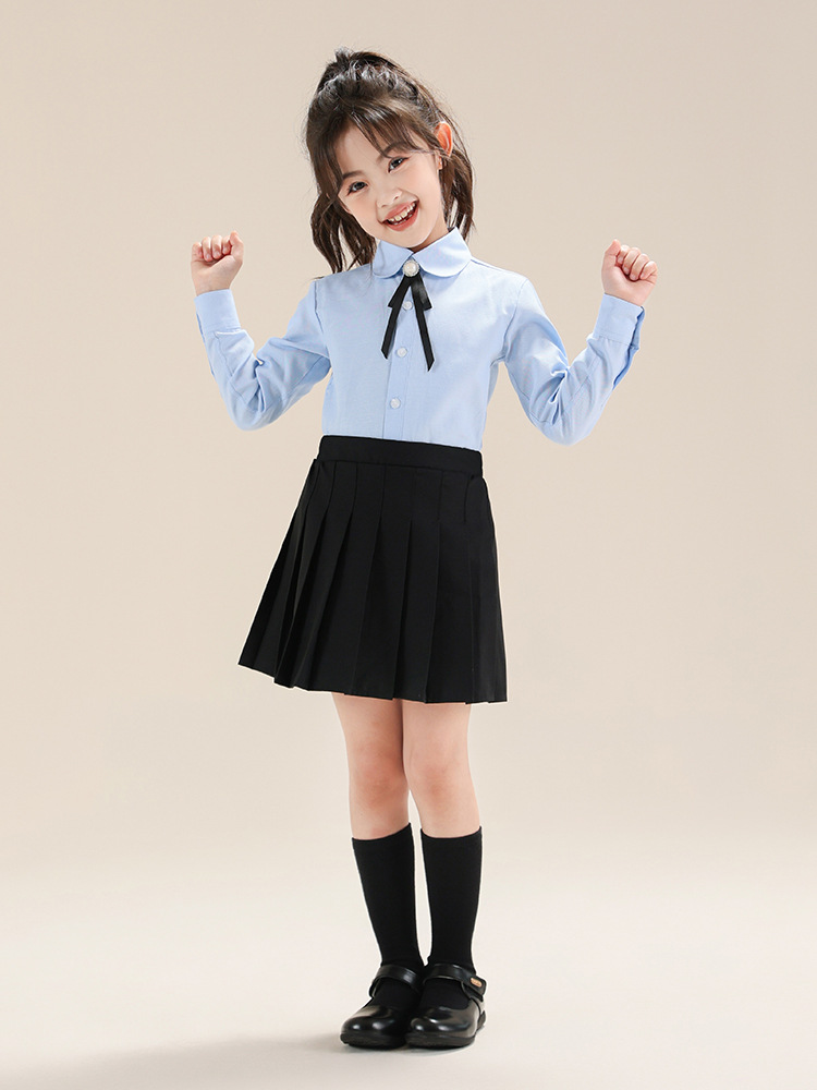 Traje de falda plisada estilo universitario para niños, camisa azul de manga larga para niñas de primavera y otoño, traje de actuación para niñas de escuela primaria