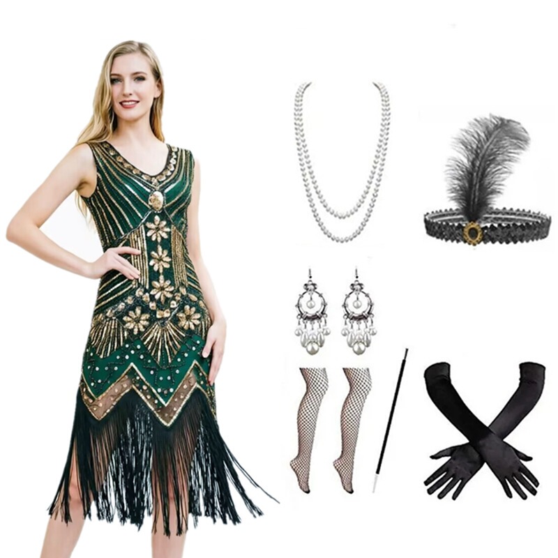 European and American Cocktail Party Women's 1920S Vintage Dress, Gatsby Sequin Dress with Heavy Beading and Tassels