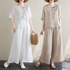 夏季新款妈妈装新中式文艺复古休闲风短袖上衣裤子两件装棉麻套装