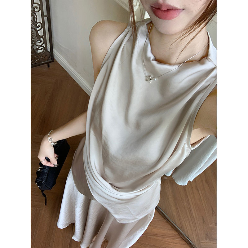 小众不规则系带设计感缎面背心半身裙夏季新款时尚两件套女潮通勤|undefined