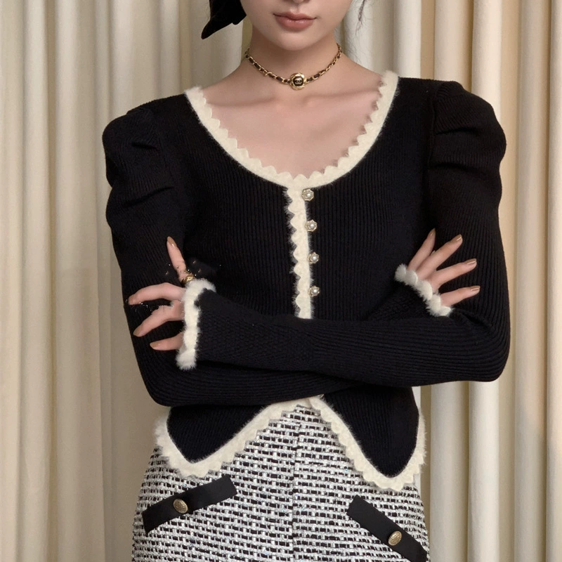 Модный французский трикотаж для женщин с рукавами принцессы, осень-зима 2025, новый утягивающий эффект, высококачественный нежный кружевной трикотаж для женщин