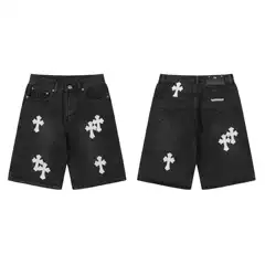 Cross-Border Kro Spring/Summer CH Cross Patch Leather Denim Shorts for Couples