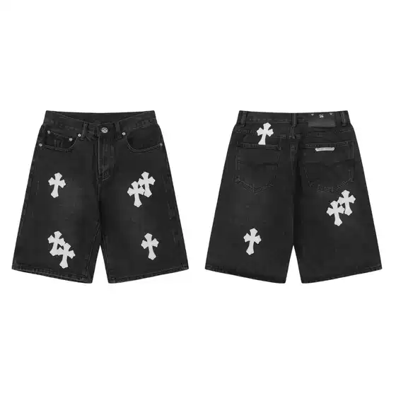 Cross-Border Kro Spring/Summer CH Cross Patch Leather Denim Shorts for Couples