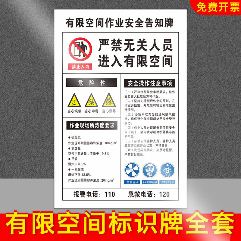 有限空间告知牌警示标识牌受限空间未经许可严禁作业警示牌贴