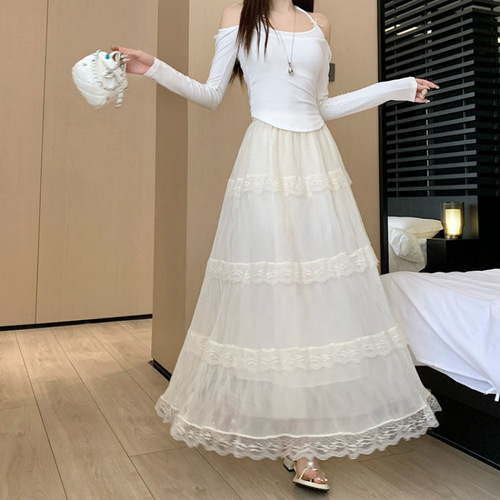Spring 2025 High-Waist Slimming Lace Tiered A-Line Dress Sweet Matchable Medium-Length Dress High-Waist Umbrella Skirt Trendy Dress